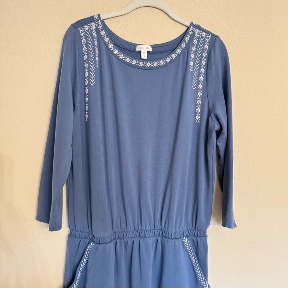 Garnet Hill Embroidered Blue Dress Long Sleeve Elastic Waist Size M Stretch